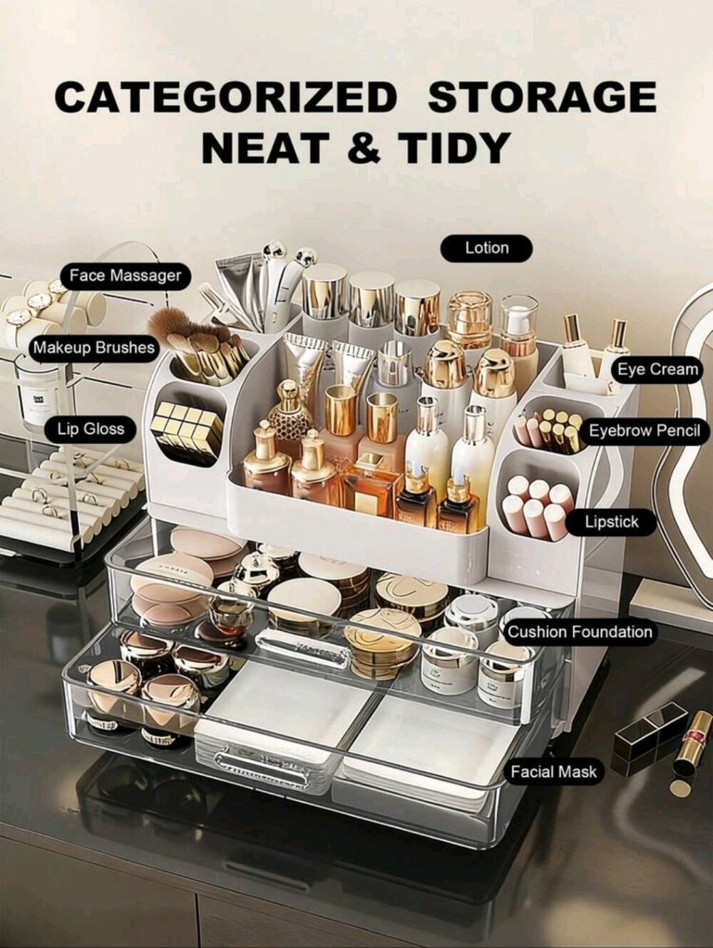 White Makeup Organizer Storage Drawer with Clear Front - Picture 6 of 11